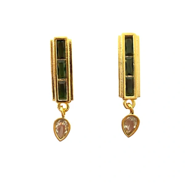 Brinco Retangular Baguete Esmeralda Fusion com Gota de Zircônia em Dourado
