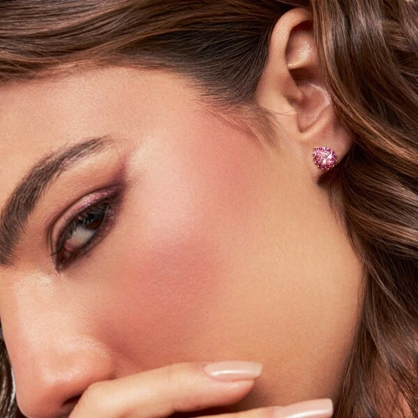 Brinco Gota Quartzo Rosa com Rubelitaa em Dourado