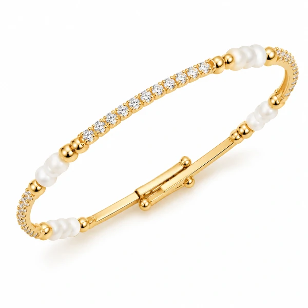 Bracelete Zircônias e Pérolas em Dourado