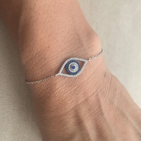 Pulseira Olho Grego Oval com Zircônias e Safiras em Prata 925