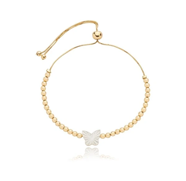 Pulseira Shamballa Bolinhas com Borboleta Madrepetola em Dourado