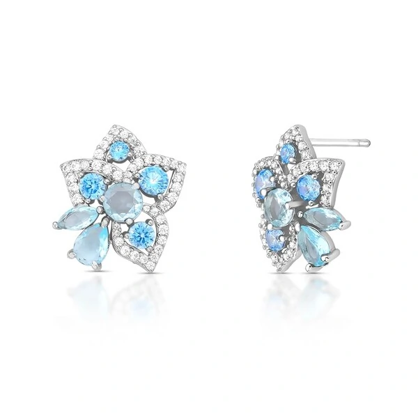 Brinco Flor Água Marinha Fusion e Safira Fusion com Zircônias Cravejadas em Ródio