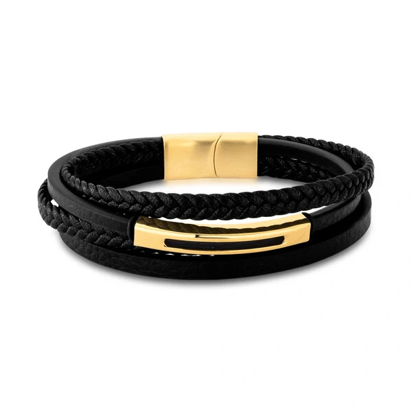 Pulseira Couro Triplo Marrom com Dourado em Aço