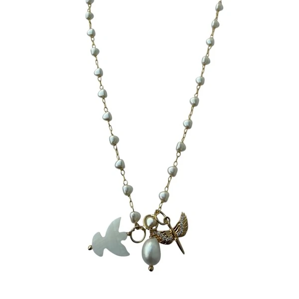 Colar Pérolas e Espírito Santo de Madreperola em Dourado