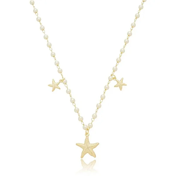 Colar Perolinhas com Pingentes Estrelas do Mar em Dourado