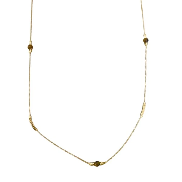Colar Longo bom Entremeios e Olho de Tigre em Dourado