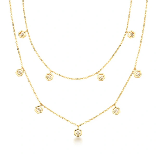 Colar Duplo Colmeia com Zircônias em Prata 925