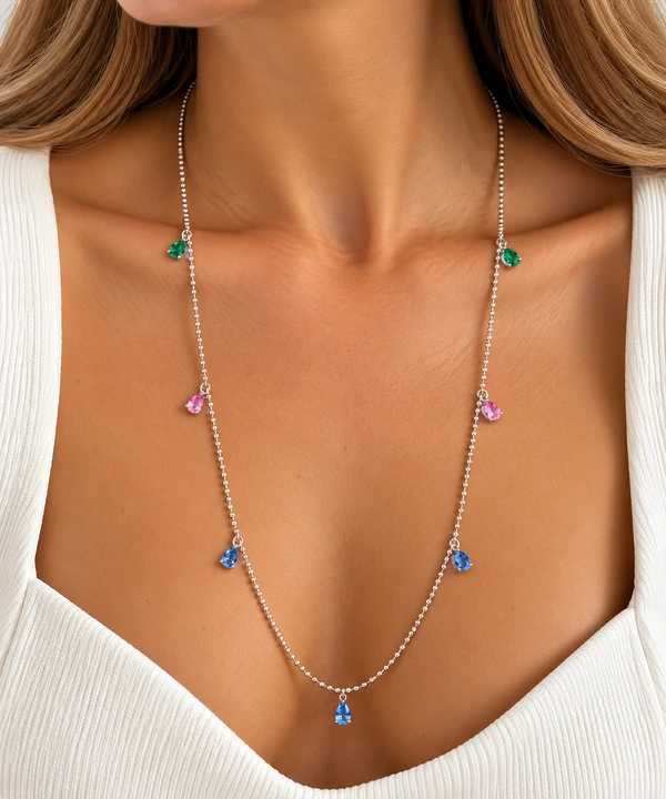 Colar Longo de Bolinhas com Navetes Colors em Rodio