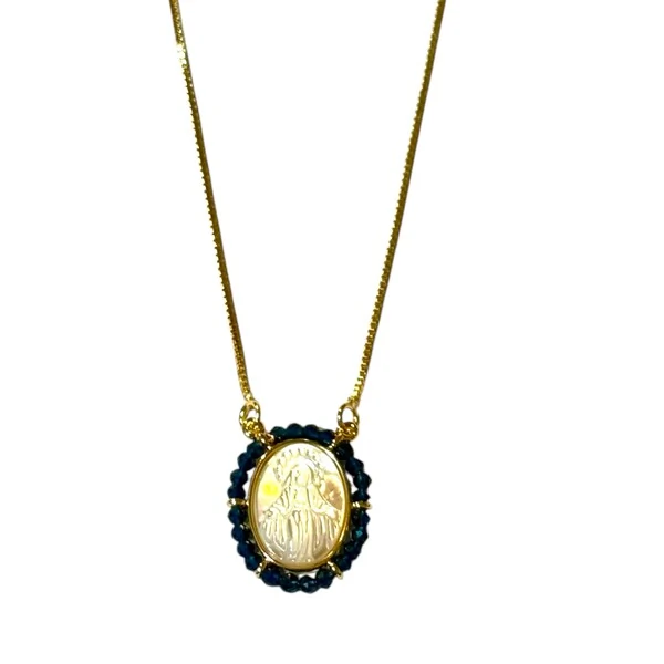 Colar Nossa Senhora Oval em Madrepérola com Rondel em Volta em Dourado