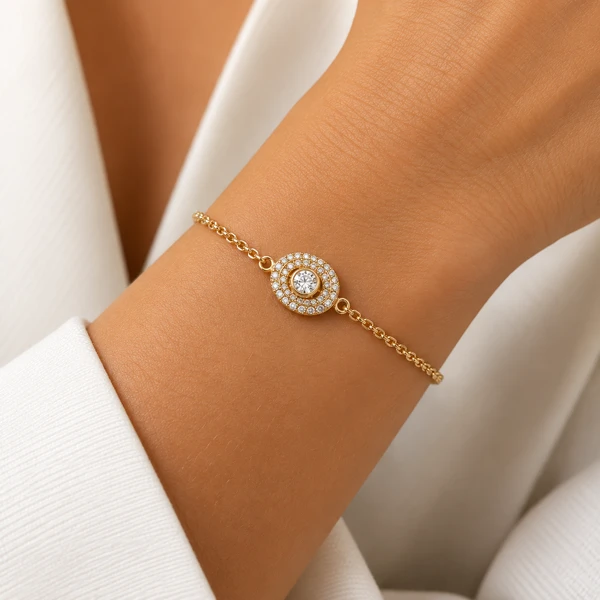Pulseira Ping Oval com Zircônias na Prata 925 com Banho de Ouro