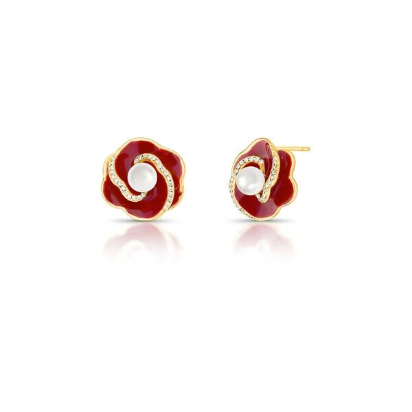 Brinco Flor Esmaltado Vermelho com Zircônias e Pérola Shell em Dourado