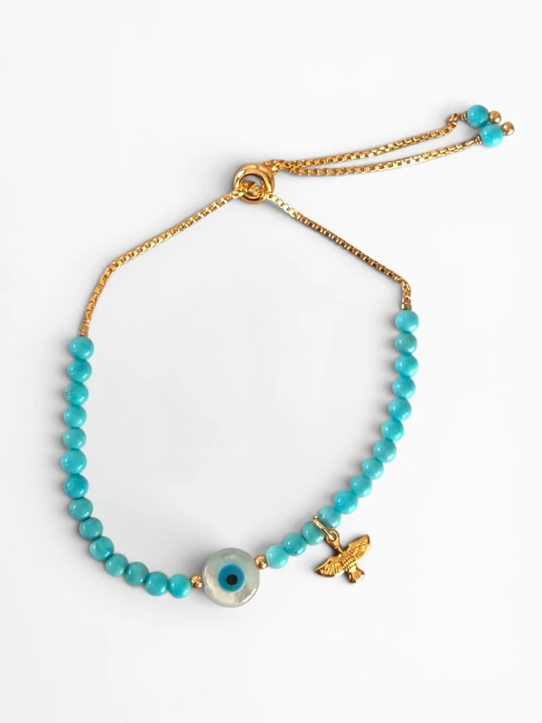 Pulseira Shamballa Turquesa com Olho Grego e Espírito Santo em Dourado