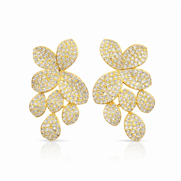 Brinco Folhas Penduradas Cravejadas em Dourado