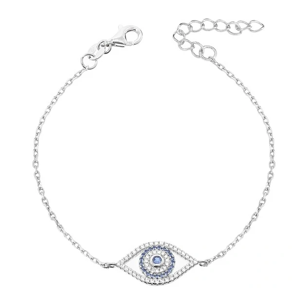 Pulseira Olho Grego Oval com Zircônias e Safiras em Prata 925