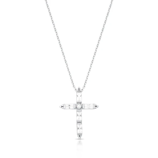 Colar Cruz Média com Zircônias Baguetadas na Prata 925