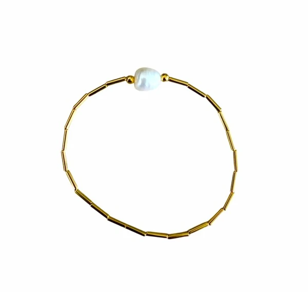 Pulseira Canutilhos Dourados e Pérola Água Doce