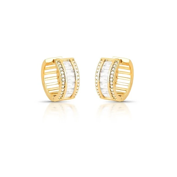 Brinco Argola Larga com Zircônia Baguete e Zircônias Cravejadas na Lateral em Dourado