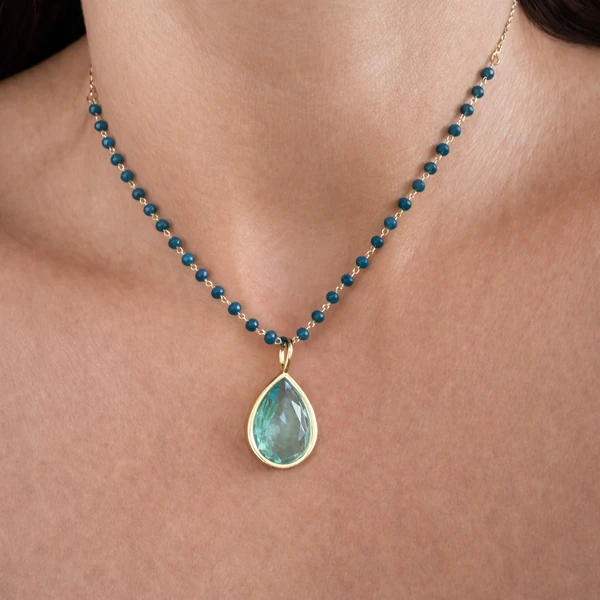 Pingente Gota Água Marinha em Dourado