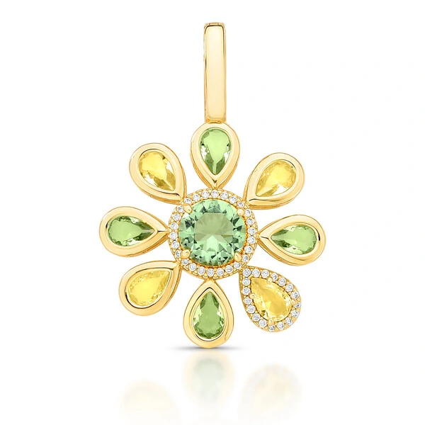 Pingente Flor Cristal em tons de Verde com Zirconias em Dourado