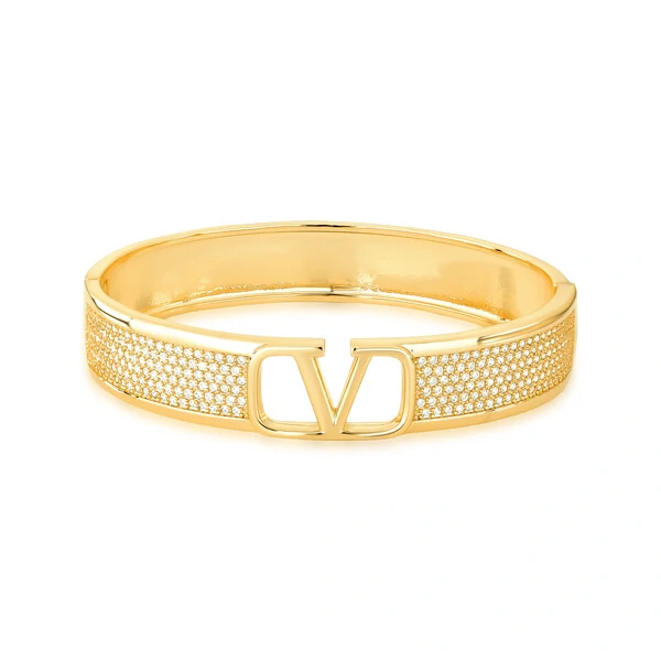 Bracelete V Cravejado com Zircônias em Dourado