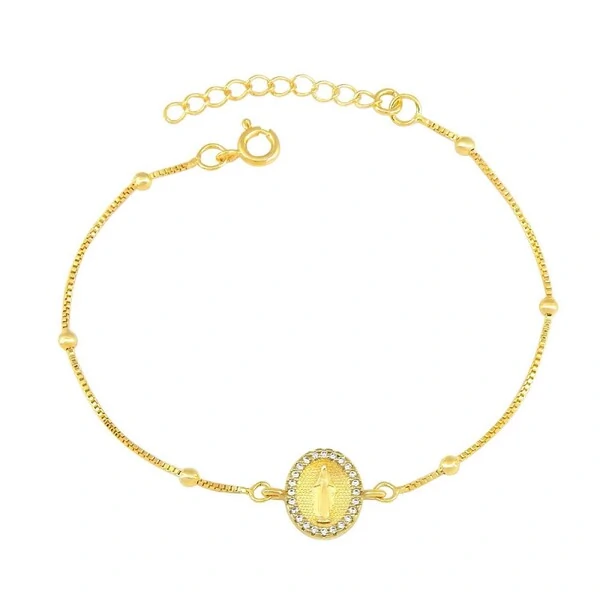 Pulseira Bolinhas com Nossa Sra Cravejada com Zircônias em Dourado