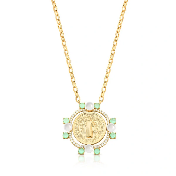 Colar Medalha São Bento com Pérolas e Paraíba Fusion em Dourado