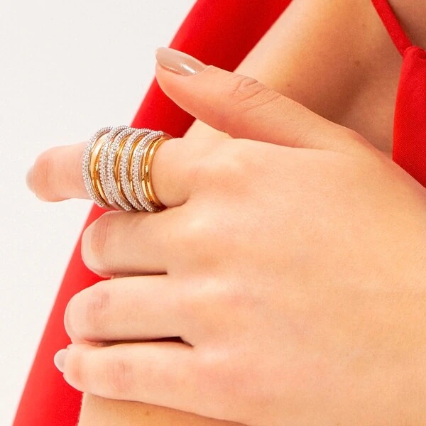 Anel Duplo Filete Liso e Cravejado com Zircônias