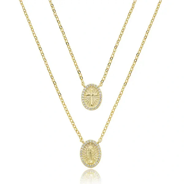 Escapulário Delicados com Cruz e Jesus Cravejado em Dourado