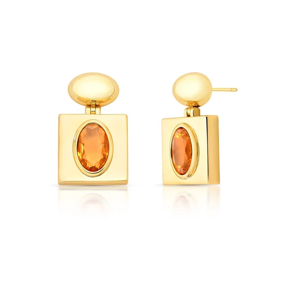 Brinco Pendurado Quadrado com Citrino Oval em Dourado