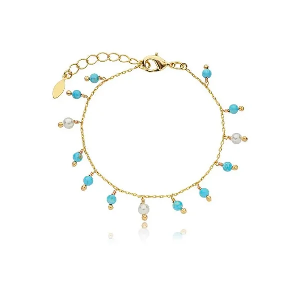 Pulseira Perolinhas e Turquesas Naturais em Dourado