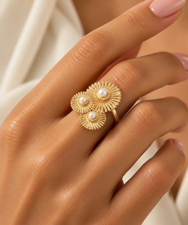 Anel 3 Flores Raiadas com Miolo de Pérola em Dourado