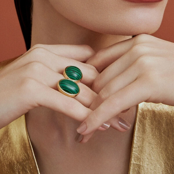 Anel 2 Peças Malaquita em Dourado