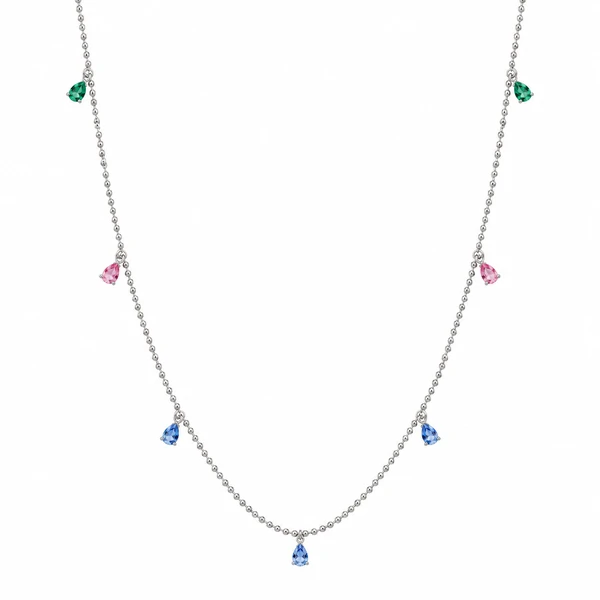 Colar Longo de Bolinhas com Navetes Colors em Rodio
