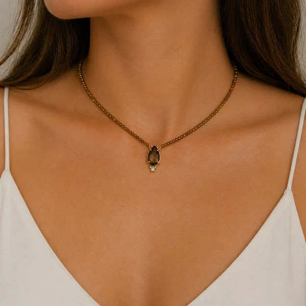 Colar Quartzo Fume Natural com Gota e Zirconia