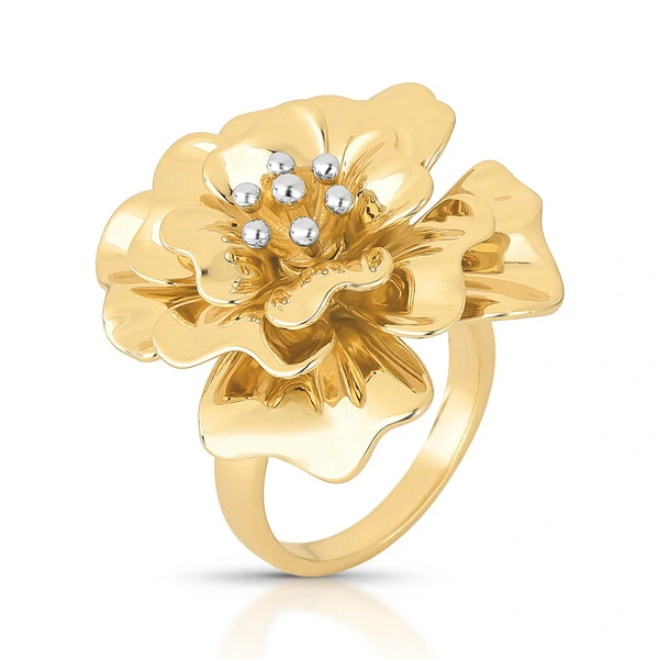 Anel Flor com Miolo e Bolinhas em Dourado