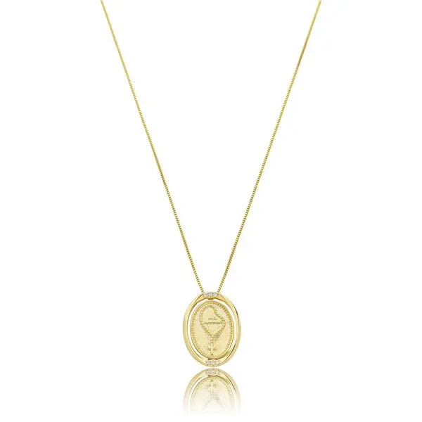 Colar com Pingente Oval N Sra Aparecida com Zircônias em Dourado