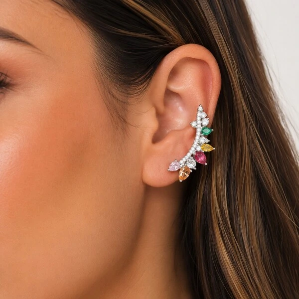 Brinco Earcuff com Zircônias Colors em Rodio
