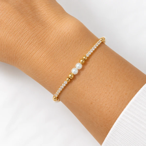 Bracelete Zircônias e Pérolas em Dourado