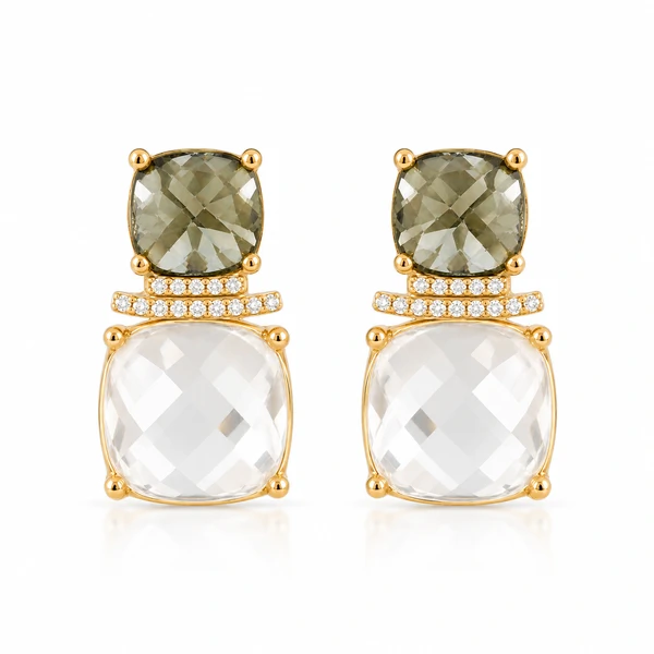 Brinco Cristal Transparente e Fume em Dourado