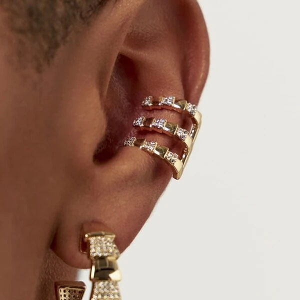 Piercing Fake 3 Filas Cravejadas com Zircônias em Dourado