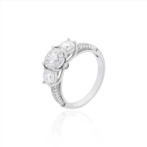 Anel Moissanite 2,5 CT 3 Pedras Laterais e Cravejado com Moissanites em Prata 925