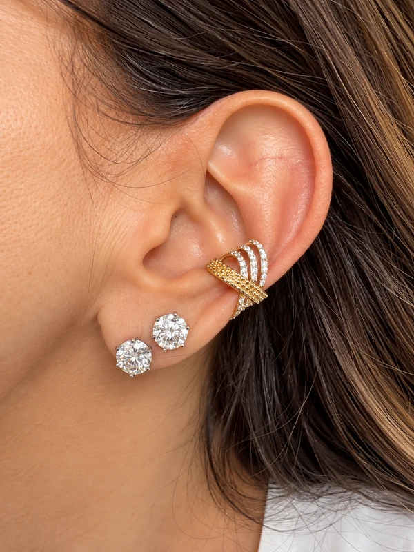 Piercing Fake X Três Linhas Cravejadas e Uma de Bolinhas em Dourado