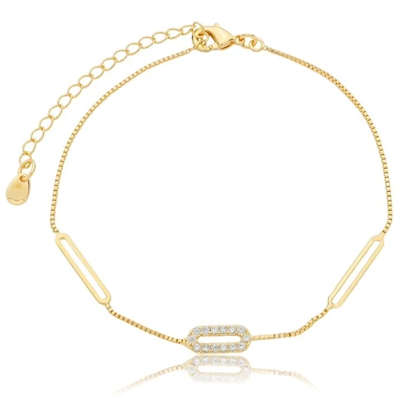 Pulseira Delicada com Retângulo Liso e Cravejado com Zircônias em Dourado
