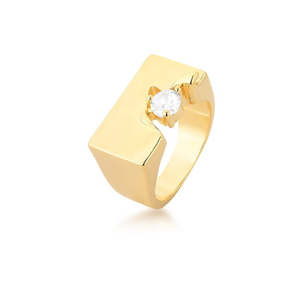 Anel Grande Retangular com Zircônia em Dourado