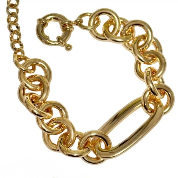 Pulseira Elos Redondos e Oval Retangular em Dourado