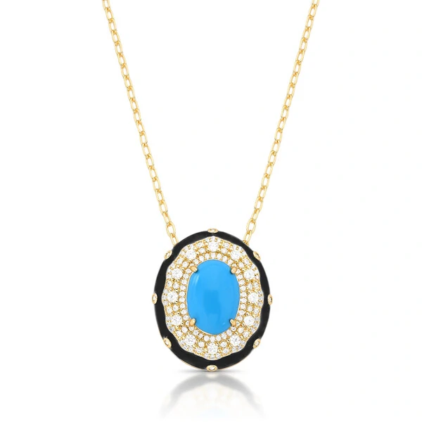 Colar Pingente Oval com Turquesa, Esmaltado em Preto com Zircônias