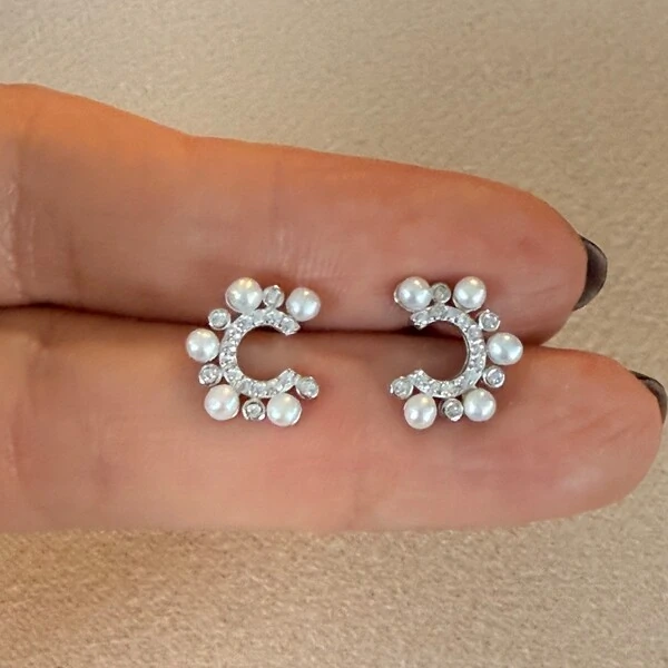 Brinco Círculo Vazado com Perolinhas e Zircônias em Prata 925