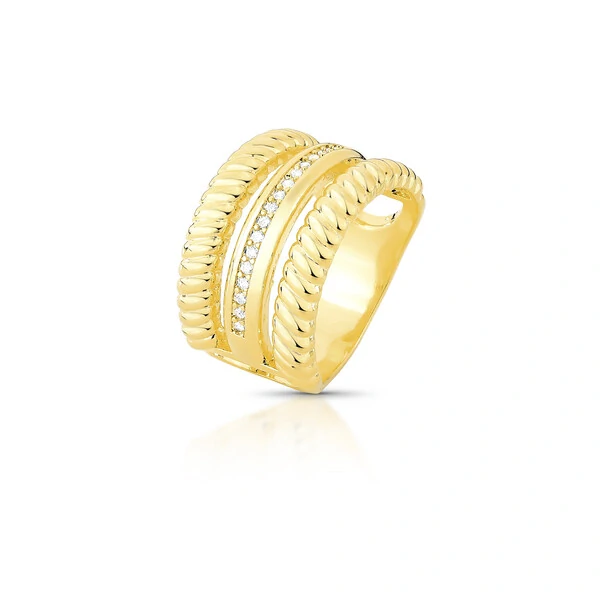 Anel 2 Filetes Torcidos e 1 Cravejado com Zircônias em Dourado