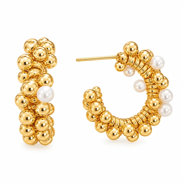 Brinco Argola Esferas e Pérolas em Dourado
