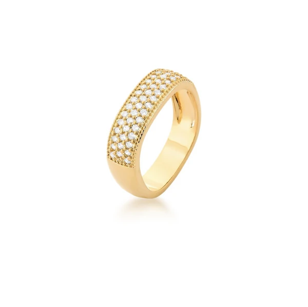 Aliança Larga Quadrada Cravejada com Zircônias em Dourado